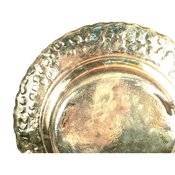 Round Serving Tray Silver Plated Footed Hammered Texture Finish 2 Recessed Areas - Picture 4 of 10